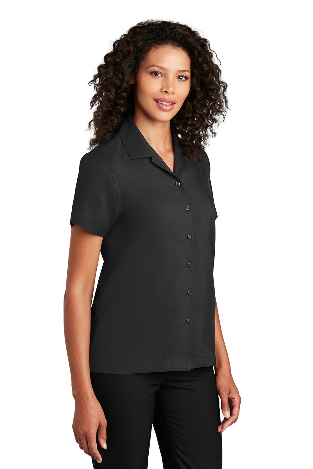 Port Authority LW400 Womens Performance Moisture Wicking Short Sleeve Button Down Camp Shirt Black Model 3q