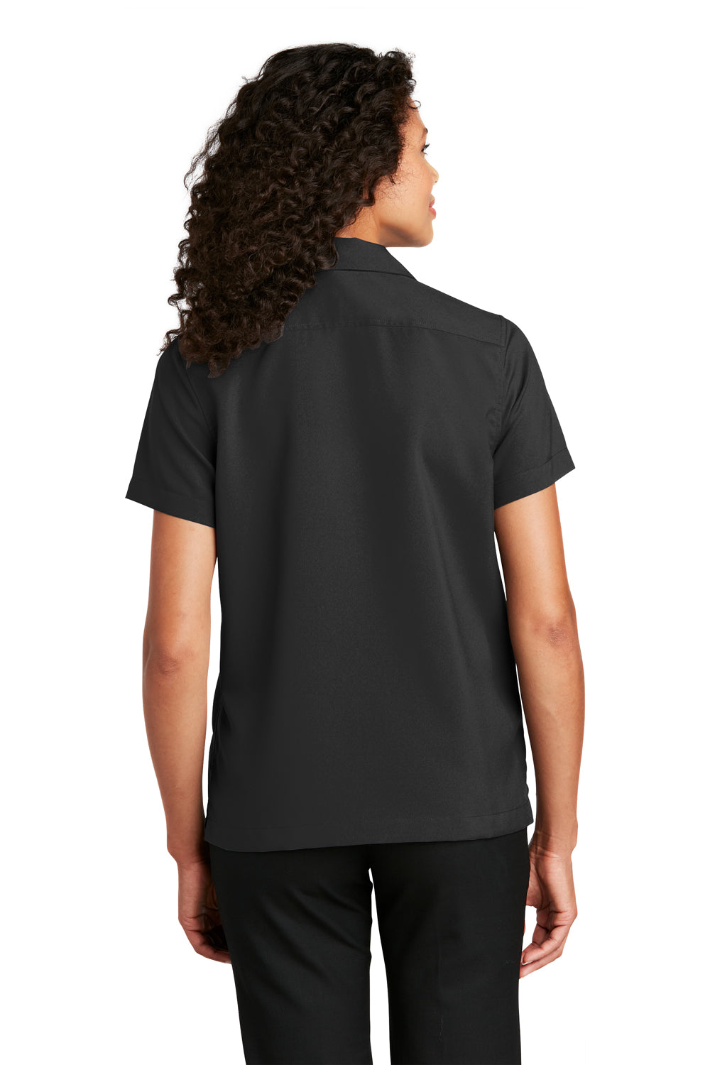 Port Authority LW400 Womens Performance Moisture Wicking Short Sleeve Button Down Camp Shirt Black Model Back