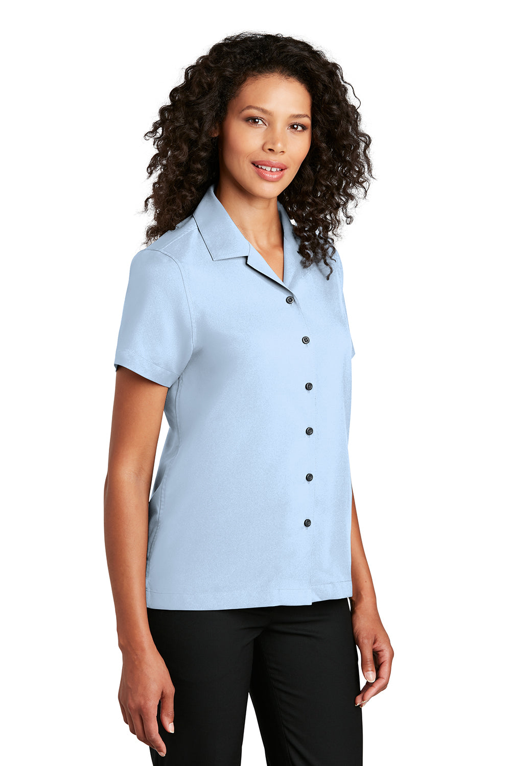 Port Authority LW400 Womens Performance Moisture Wicking Short Sleeve Button Down Camp Shirt Cloud Blue Model 3q