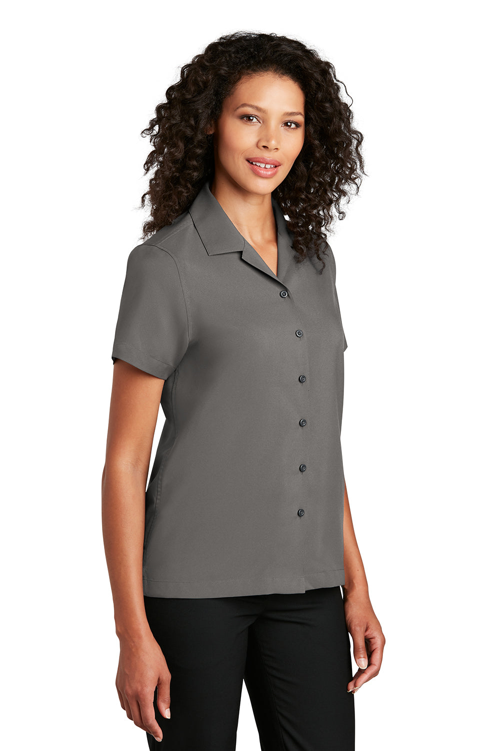 Port Authority LW400 Womens Performance Moisture Wicking Short Sleeve Button Down Camp Shirt Graphite Grey Model 3q