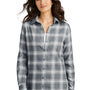 Port Authority Womens Flannel Long Sleeve Button Down Shirt - Grey/Cream Open Plaid
