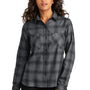 Port Authority Womens Plaid Flannel Long Sleeve Button Down Shirt w/ Double Pockets - Grey/Black Plaid