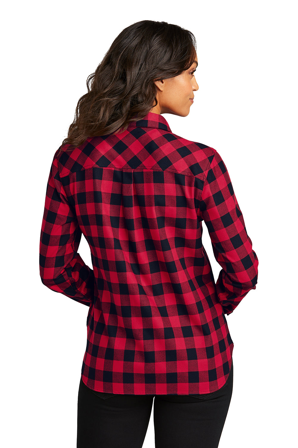 Port Authority LW669 Womens Plaid Flannel Long Sleeve Button Down Shirt w/ Double Pockets Red/Black Buffalo Model Back
