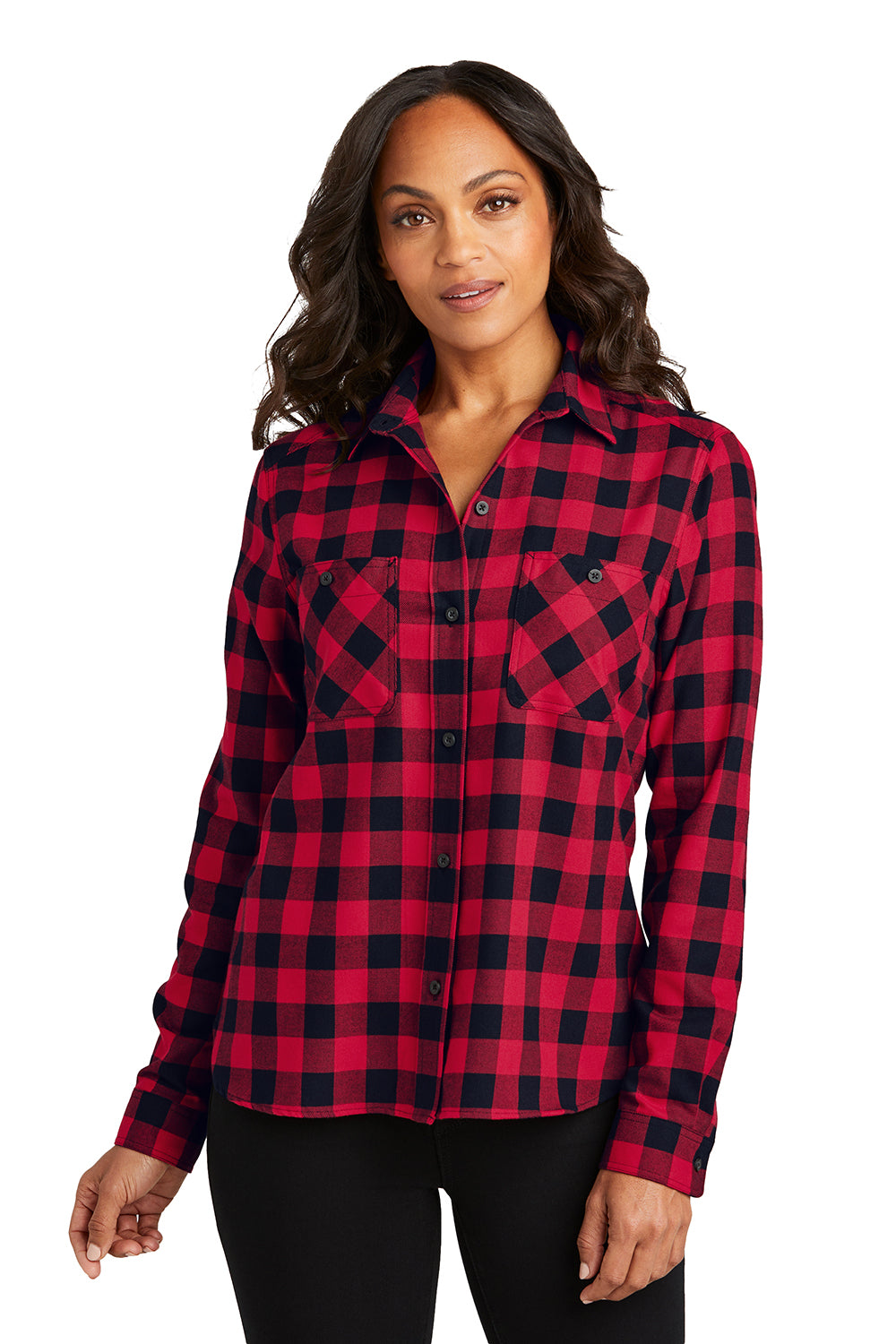 Port Authority Womens Plaid Flannel Long Sleeve Button Down Shirt w/ Double Pockets Red/Black Buffalo