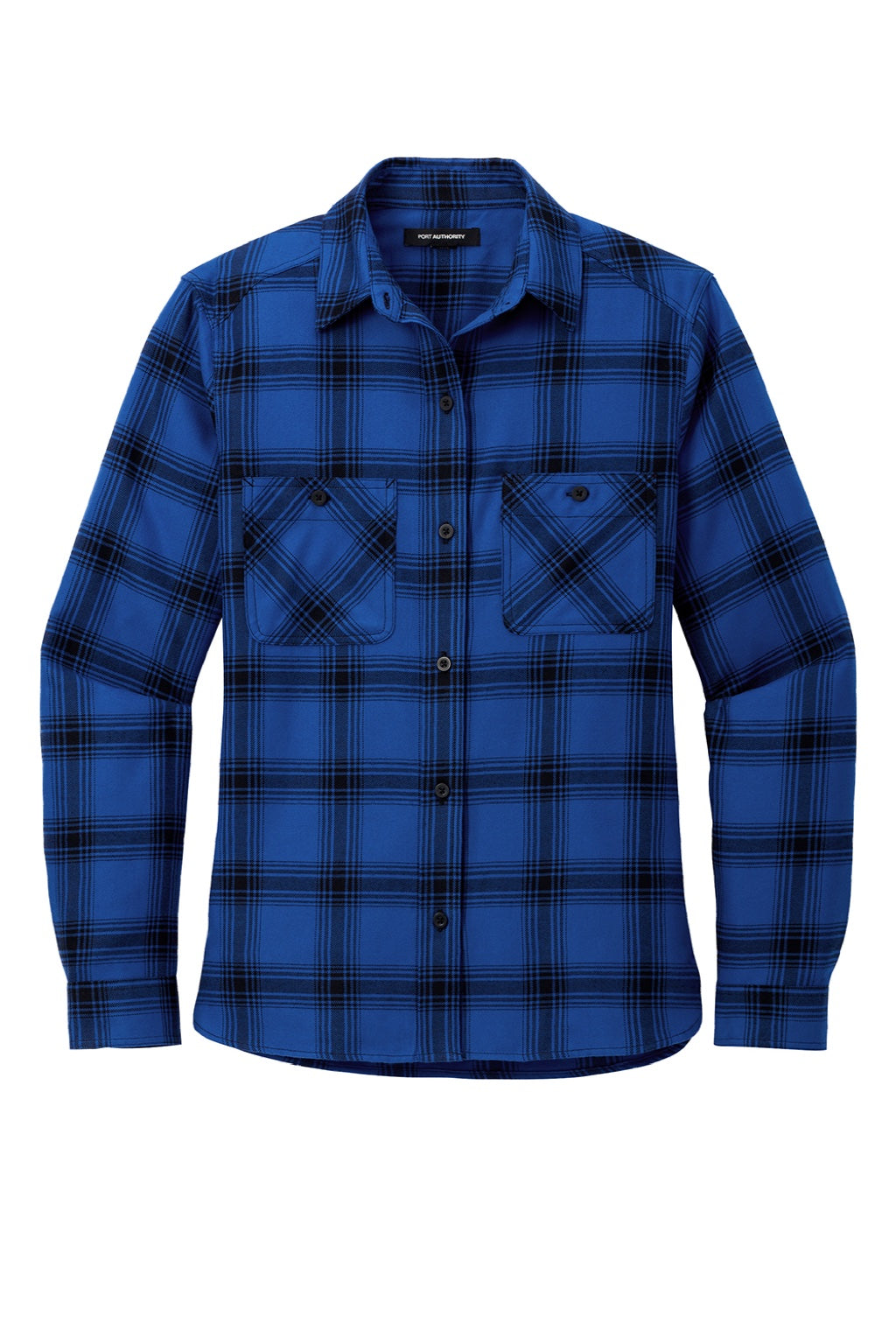 Port Authority LW669 Womens Plaid Flannel Long Sleeve Button Down Shirt w/ Double Pockets Royal Blue/Black Plaid Flat Front