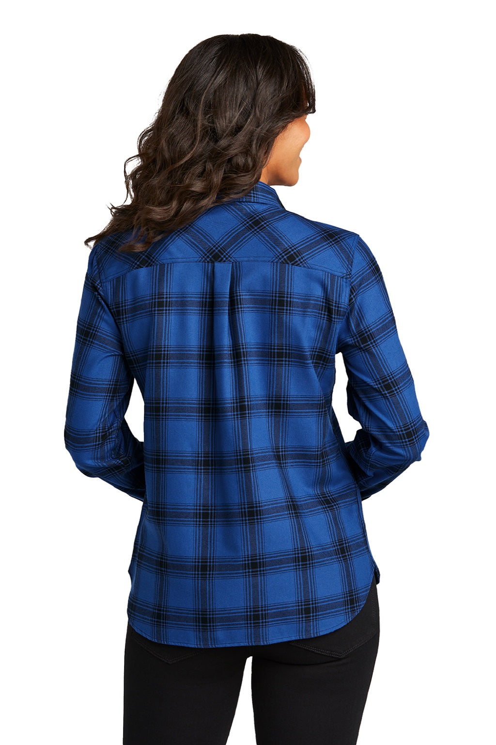 Port Authority LW669 Womens Plaid Flannel Long Sleeve Button Down Shirt w/ Double Pockets Royal Blue/Black Plaid Model Back
