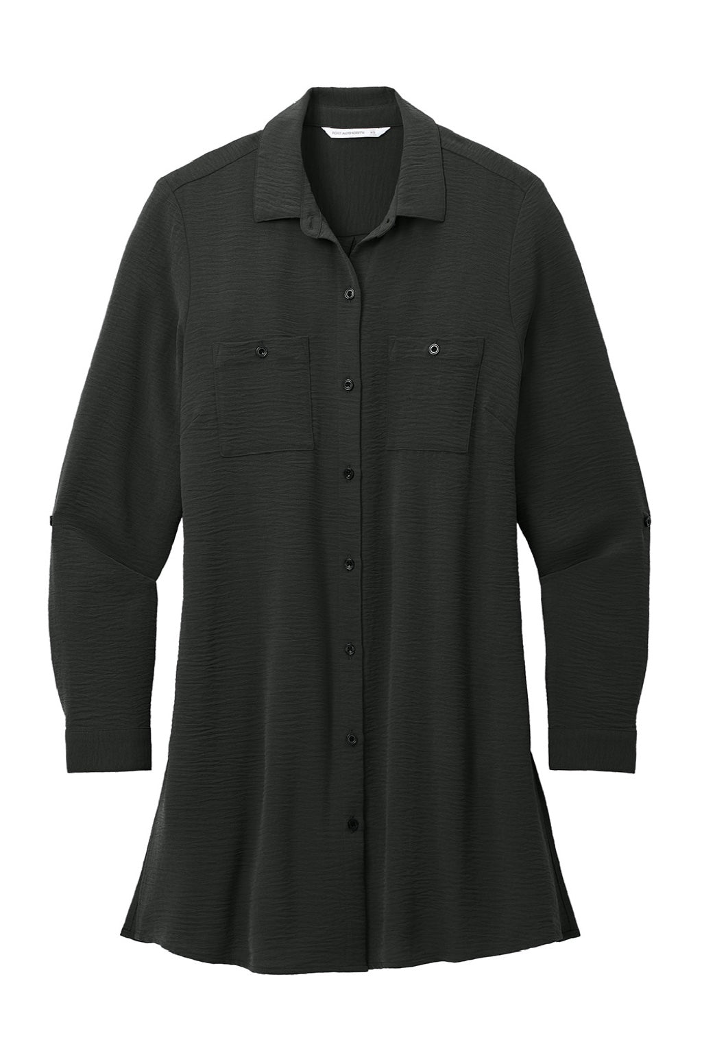 Port Authority LW715 Womens Textured Crepe Long Sleeve Long Body Button Down Tunic w/ Pockets Deep Black Flat Front