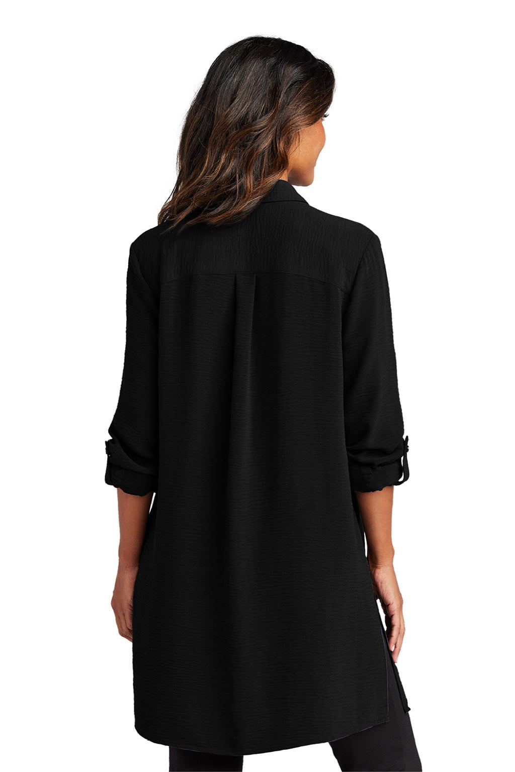 Port Authority LW715 Womens Textured Crepe Long Sleeve Long Body Button Down Tunic w/ Pockets Deep Black Model Back