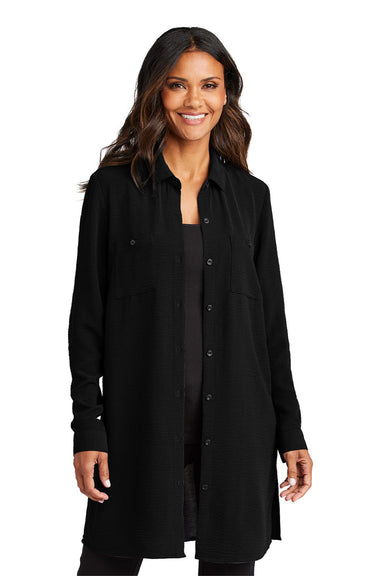 Port Authority LW715 Womens Textured Crepe Long Sleeve Long Body Button Down Tunic w/ Pockets Deep Black Model Front
