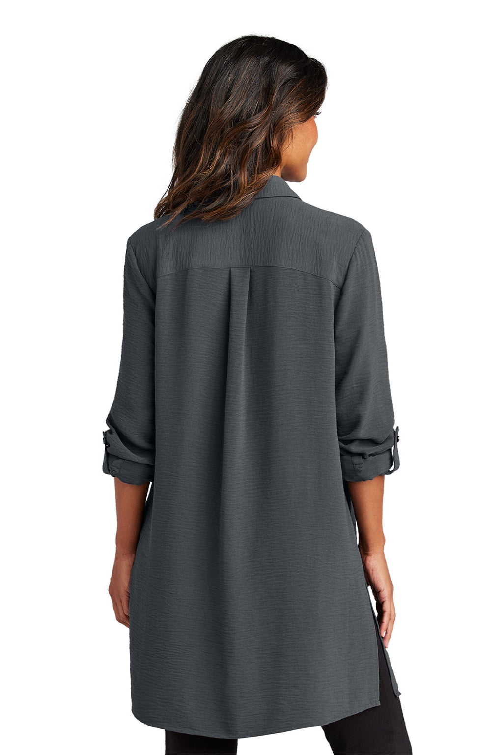 Port Authority LW715 Womens Textured Crepe Long Sleeve Long Body Button Down Tunic w/ Pockets Graphite Grey Model Back