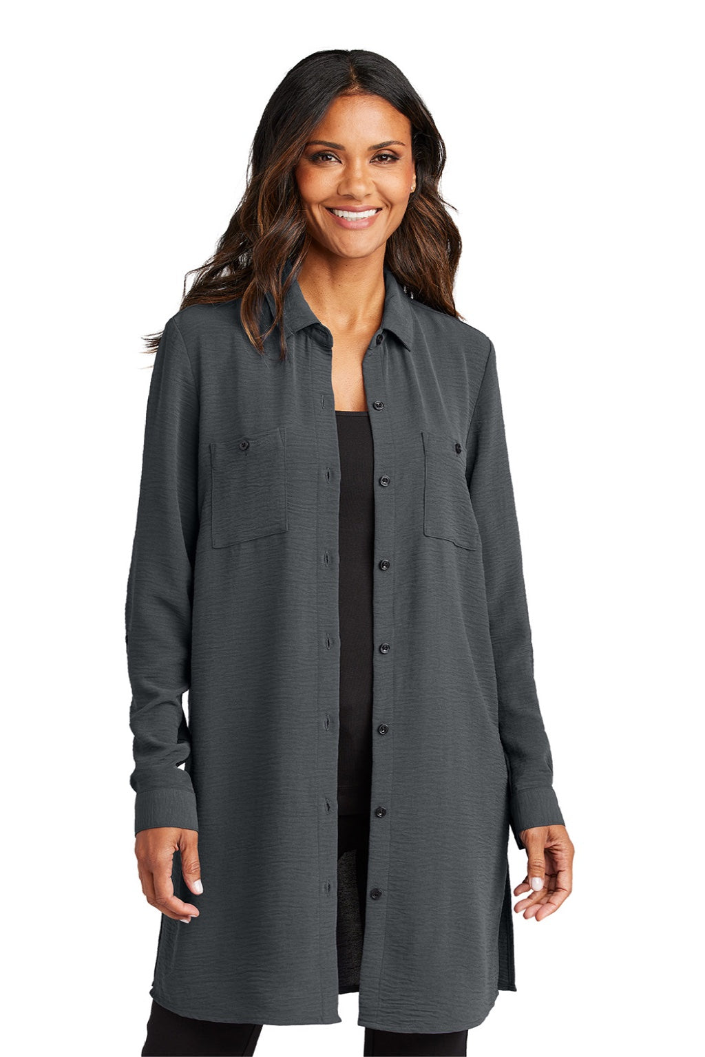 Port Authority LW715 Womens Textured Crepe Long Sleeve Long Body Button Down Tunic w/ Pockets Graphite Grey Model Front