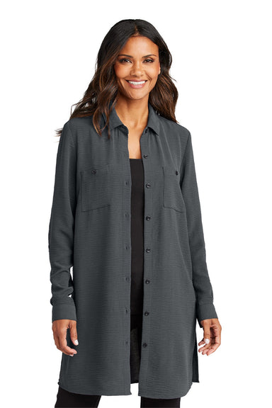 Port Authority LW715 Womens Textured Crepe Long Sleeve Long Body Button Down Tunic w/ Pockets Graphite Grey Model Front