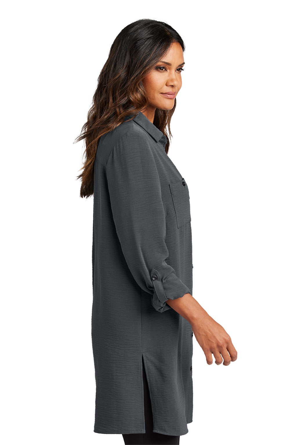 Port Authority LW715 Womens Textured Crepe Long Sleeve Long Body Button Down Tunic w/ Pockets Graphite Grey Model Side