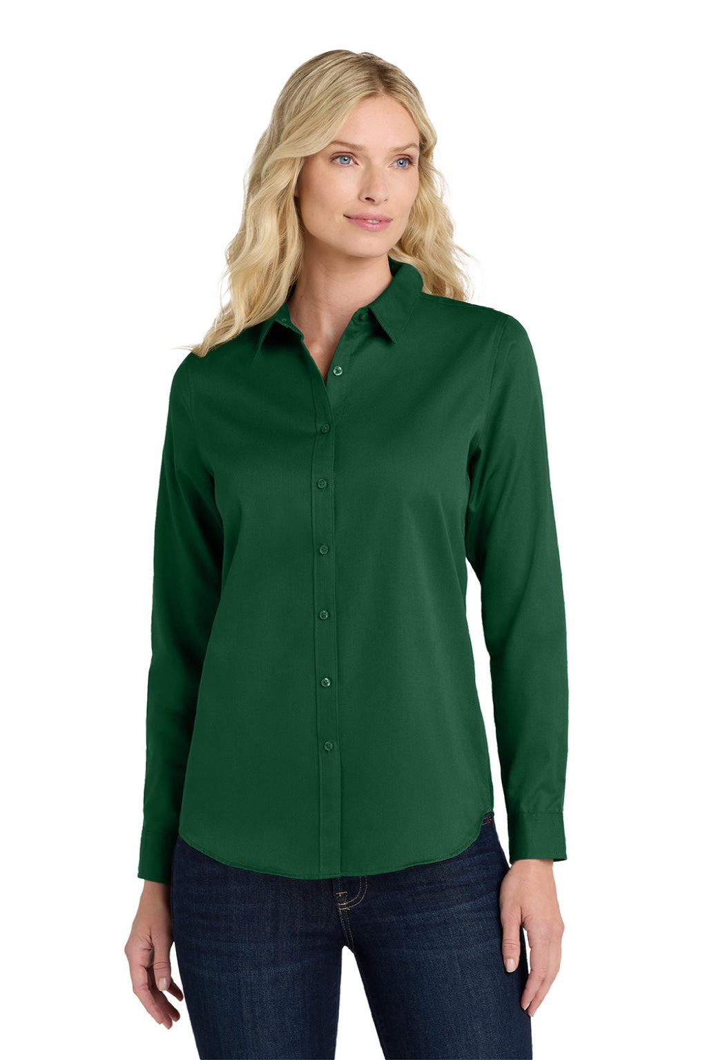 Port Authority LW808 Womens SuperPro Wrinkle Resistant React Long Sleeve Button Down Shirt Dark Green Model Front