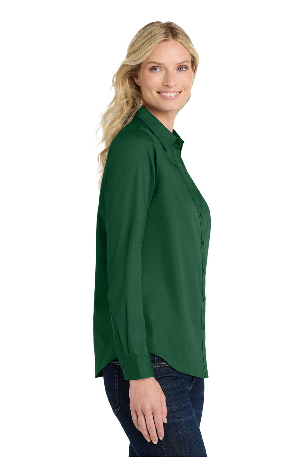 Port Authority LW808 Womens SuperPro Wrinkle Resistant React Long Sleeve Button Down Shirt Dark Green Model Side