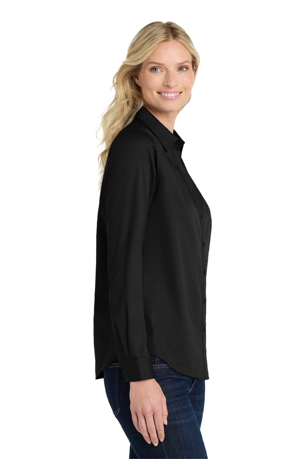 Port Authority LW808 Womens SuperPro Wrinkle Resistant React Long Sleeve Button Down Shirt Deep Black Model Side