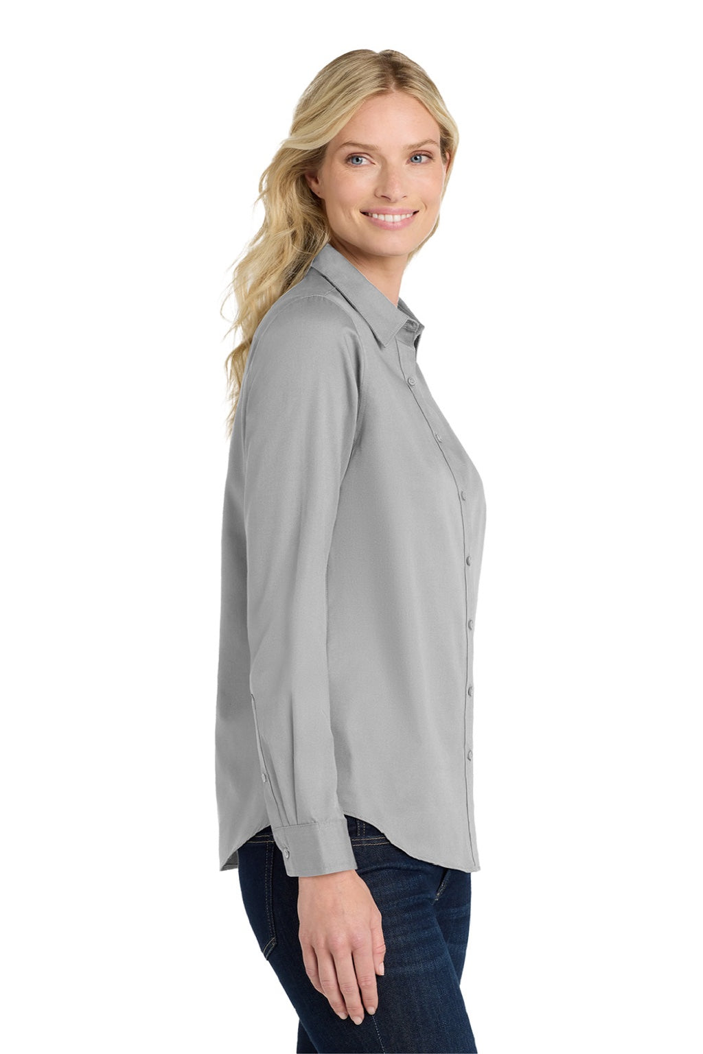 Port Authority LW808 Womens SuperPro Wrinkle Resistant React Long Sleeve Button Down Shirt Gusty Grey Model Side