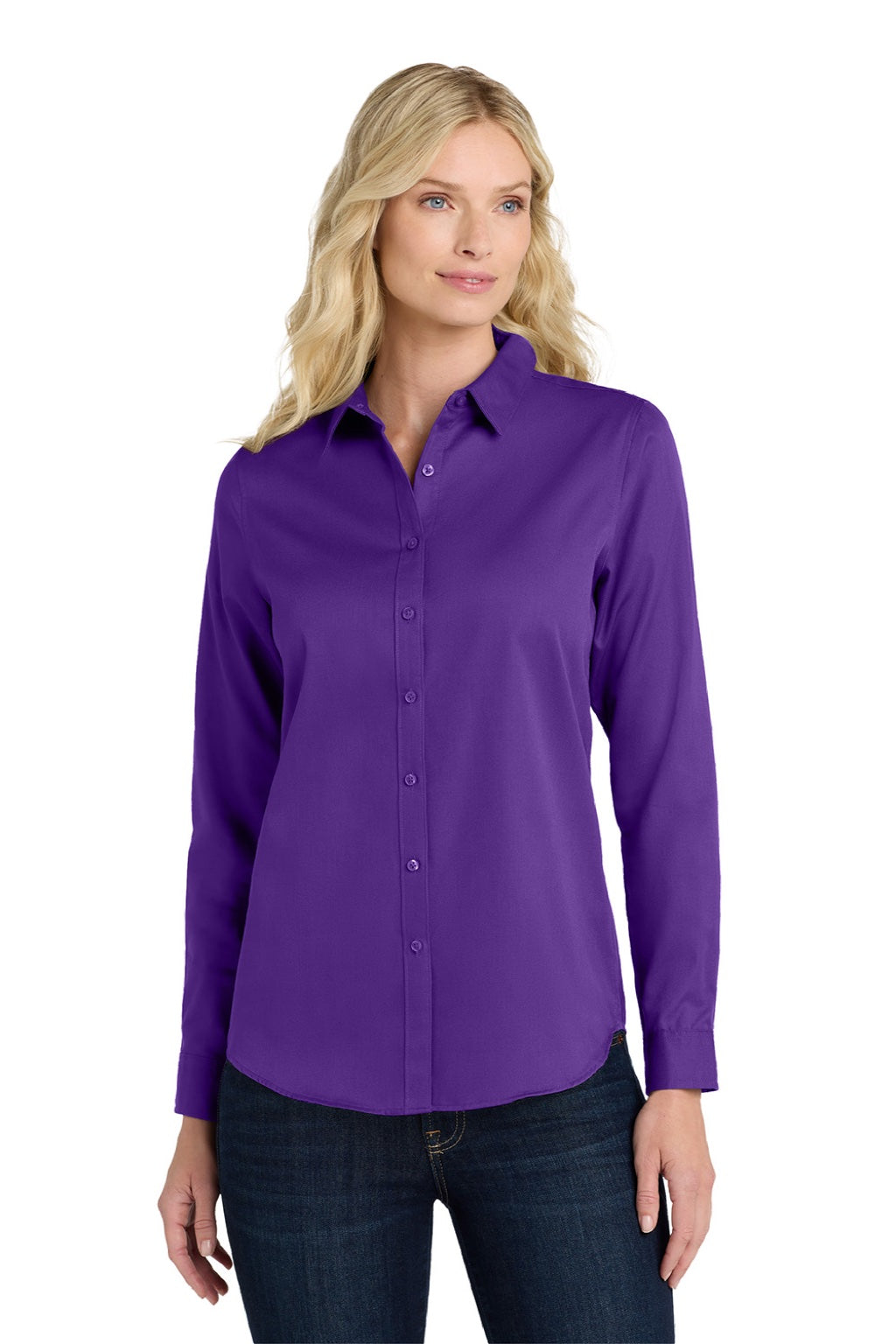 Port Authority LW808 Womens SuperPro Wrinkle Resistant React Long Sleeve Button Down Shirt Purple Model Front