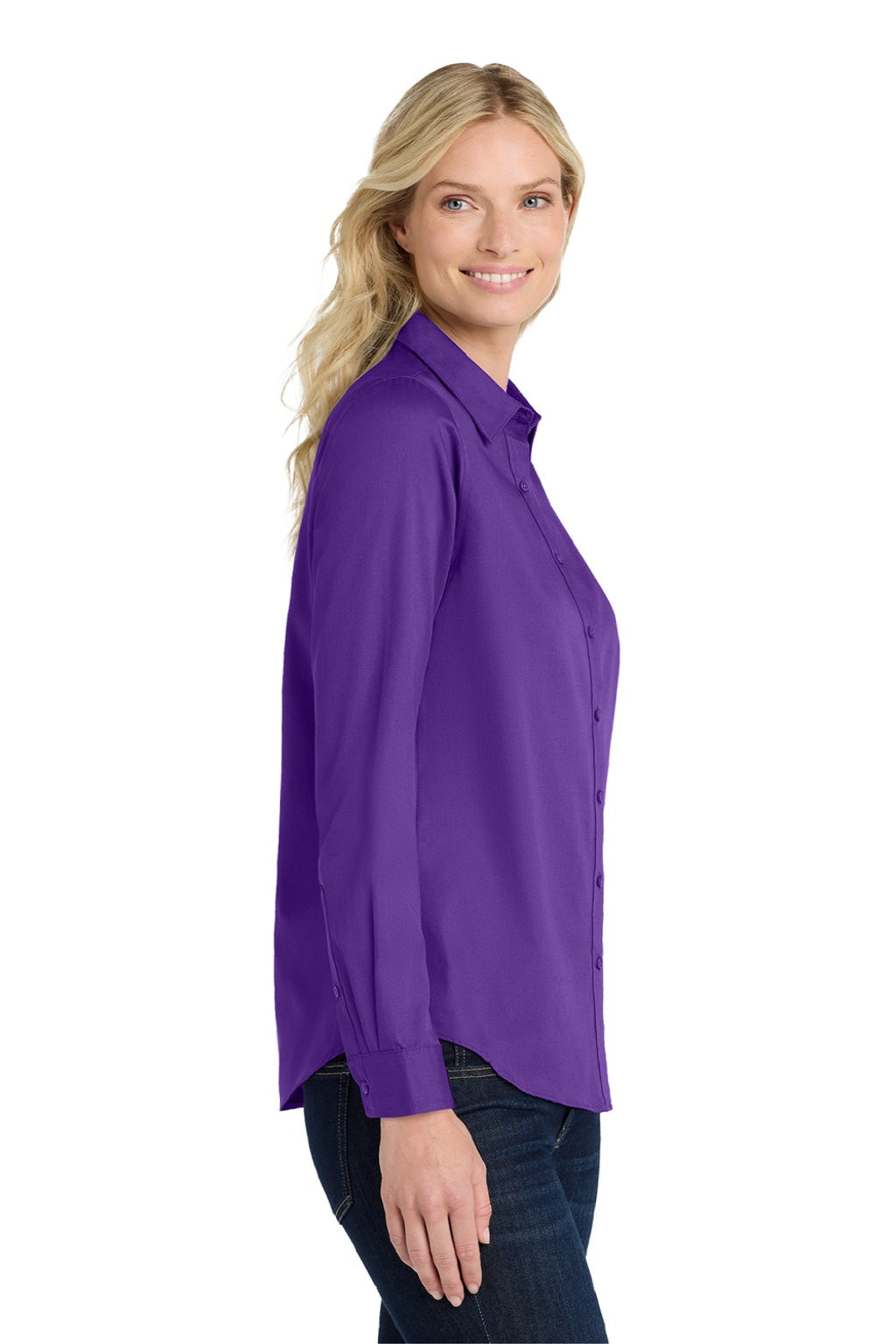 Port Authority LW808 Womens SuperPro Wrinkle Resistant React Long Sleeve Button Down Shirt Purple Model Side