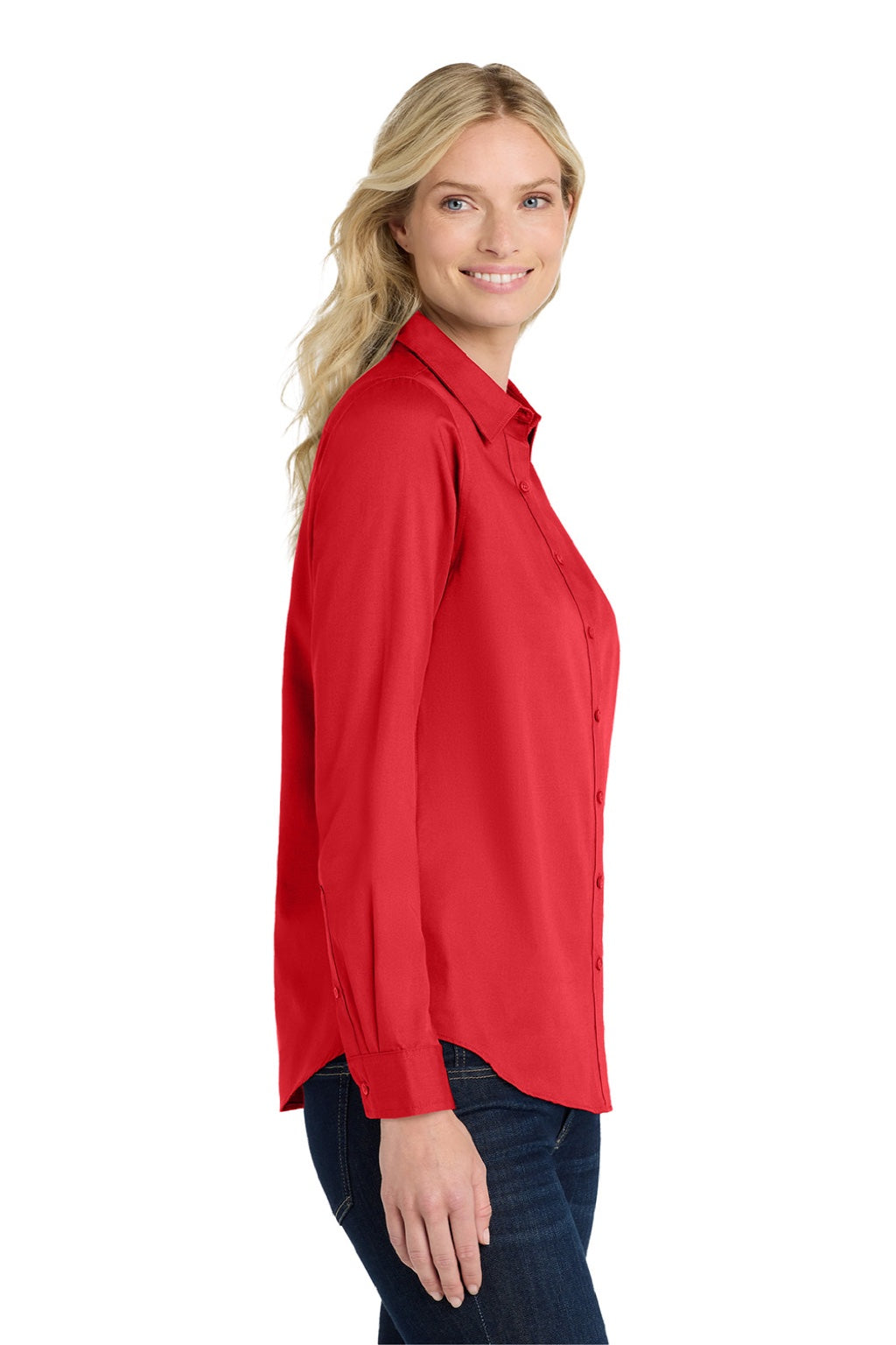 Port Authority LW808 Womens SuperPro Wrinkle Resistant React Long Sleeve Button Down Shirt Rich Red Model Side