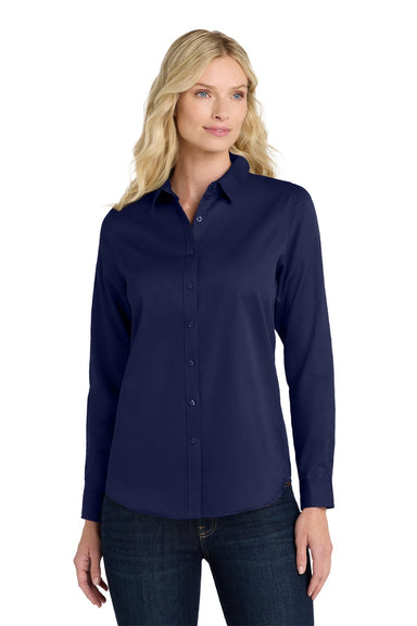 Port Authority LW808 Womens SuperPro Wrinkle Resistant React Long Sleeve Button Down Shirt True Navy Blue Model Front