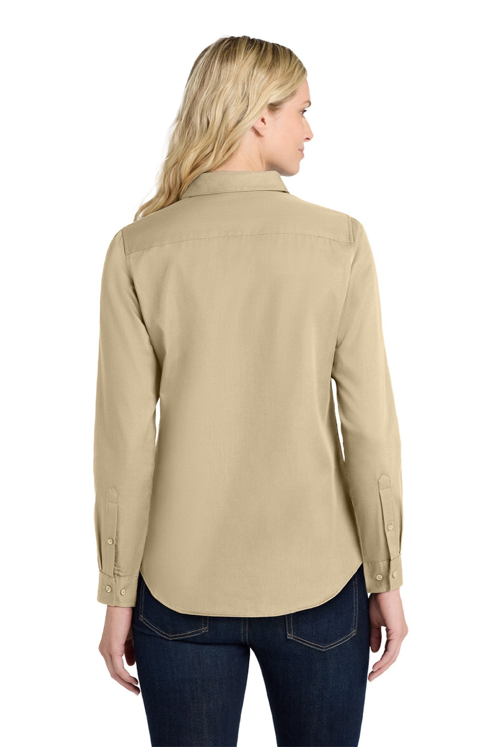 Port Authority LW808 Womens SuperPro Wrinkle Resistant React Long Sleeve Button Down Shirt Wheat Model Back