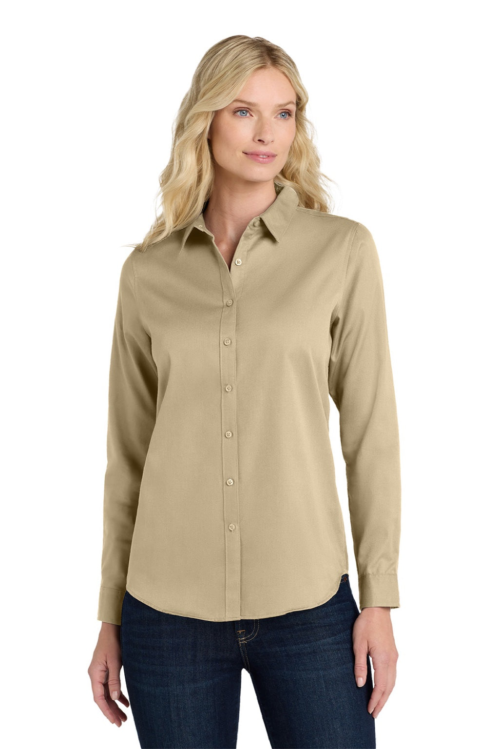 Port Authority LW808 Womens SuperPro Wrinkle Resistant React Long Sleeve Button Down Shirt Wheat Model Front