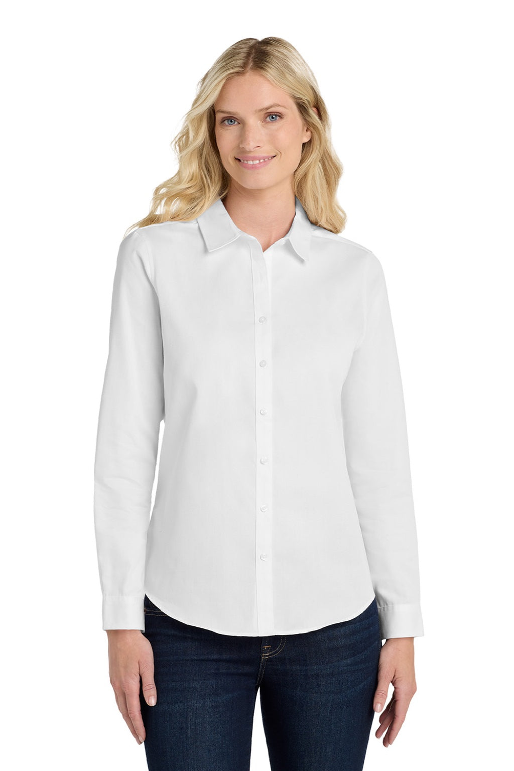 Port Authority LW808 Womens SuperPro Wrinkle Resistant React Long Sleeve Button Down Shirt White Model Front