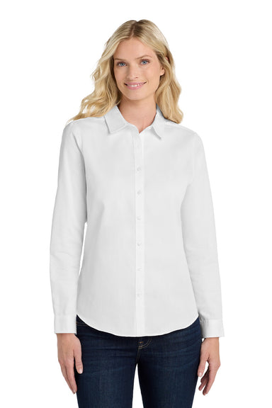 Port Authority LW808 Womens SuperPro Wrinkle Resistant React Long Sleeve Button Down Shirt White Model Front