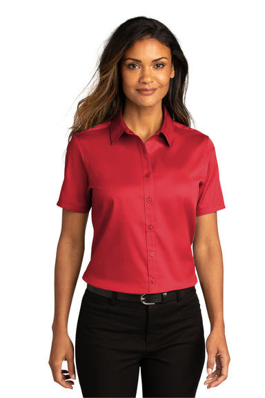 Port Authority LW809 Womens SuperPro Wrinkle Resistant React Short Sleeve Button Down Shirt Rich Red Model Front