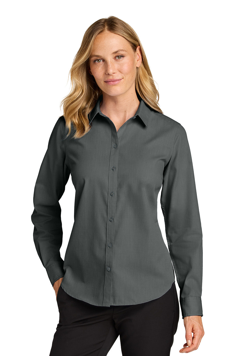 Port Authority LW816 Womens Nailhead Easy Care Long Sleeve Button Down Shirt Deep Black Model Front