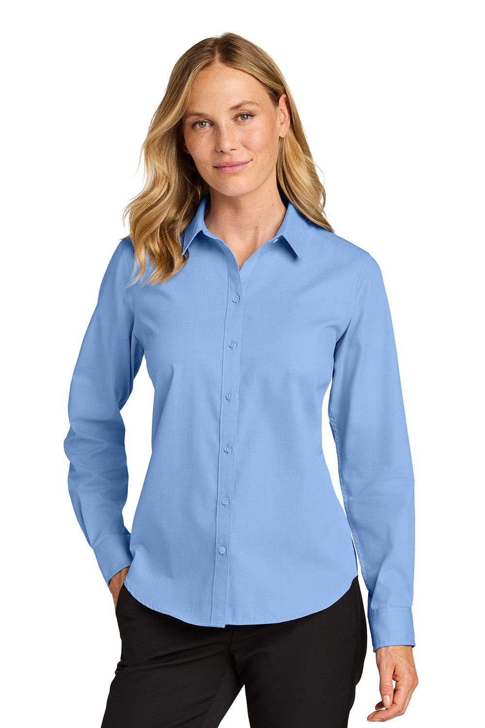 Port Authority LW816 Womens Nailhead Easy Care Long Sleeve Button Down Shirt Swiss Blue Model Front