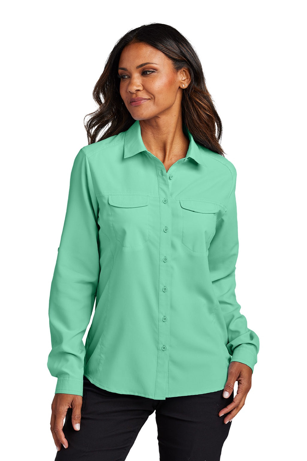 Port Authority LW960 Womens Daybreak Moisture Wicking Long Sleeve Button Down Shirt w/ Pockets Bright Seafoam Green Model Front