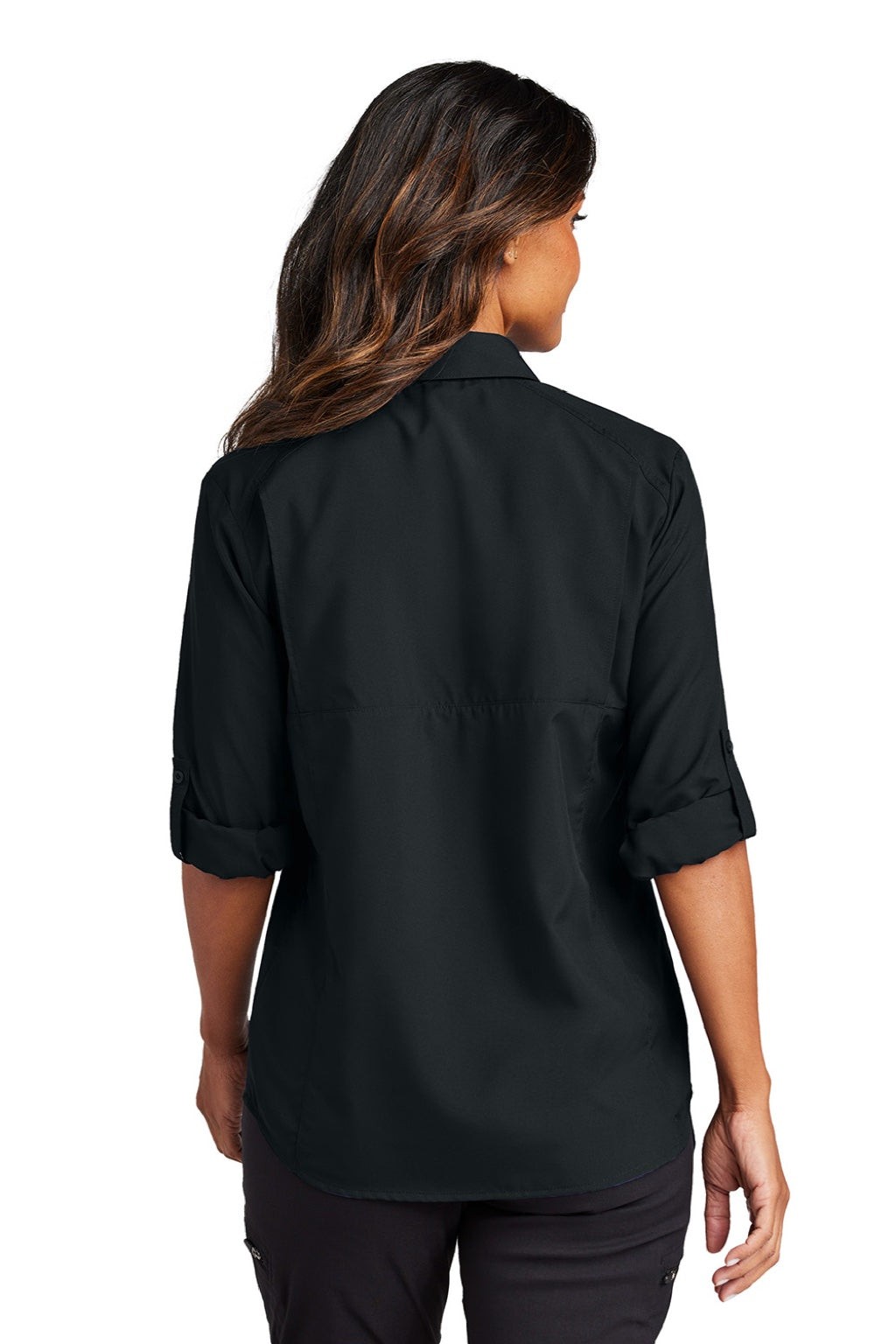 Port Authority LW960 Womens Daybreak Moisture Wicking Long Sleeve Button Down Shirt w/ Pockets Deep Black Model Back