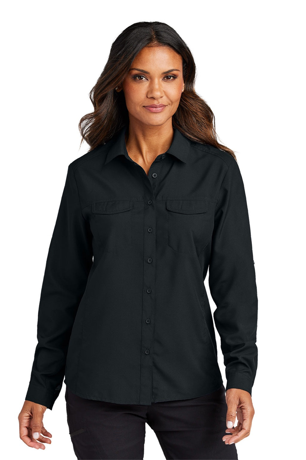 Port Authority LW960 Womens Daybreak Moisture Wicking Long Sleeve Button Down Shirt w/ Pockets Deep Black Model Front