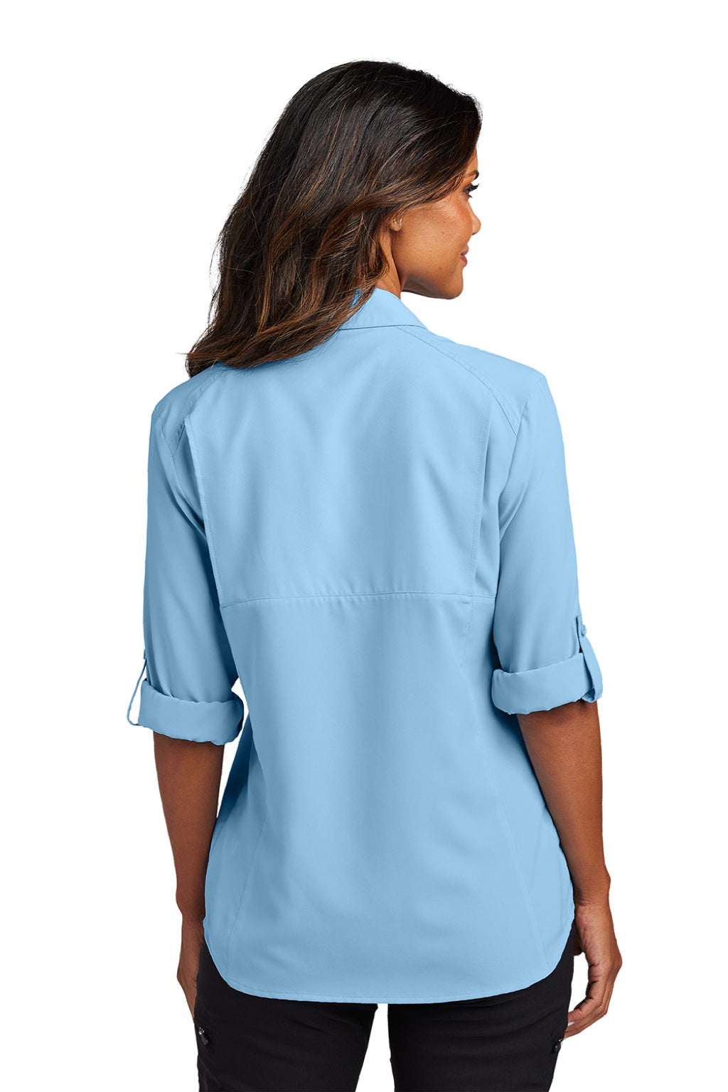 Port Authority LW960 Womens Daybreak Moisture Wicking Long Sleeve Button Down Shirt w/ Pockets Light Blue Model Back