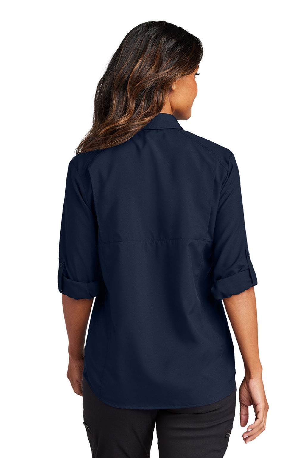 Port Authority LW960 Womens Daybreak Moisture Wicking Long Sleeve Button Down Shirt w/ Pockets True Navy Blue Model Back