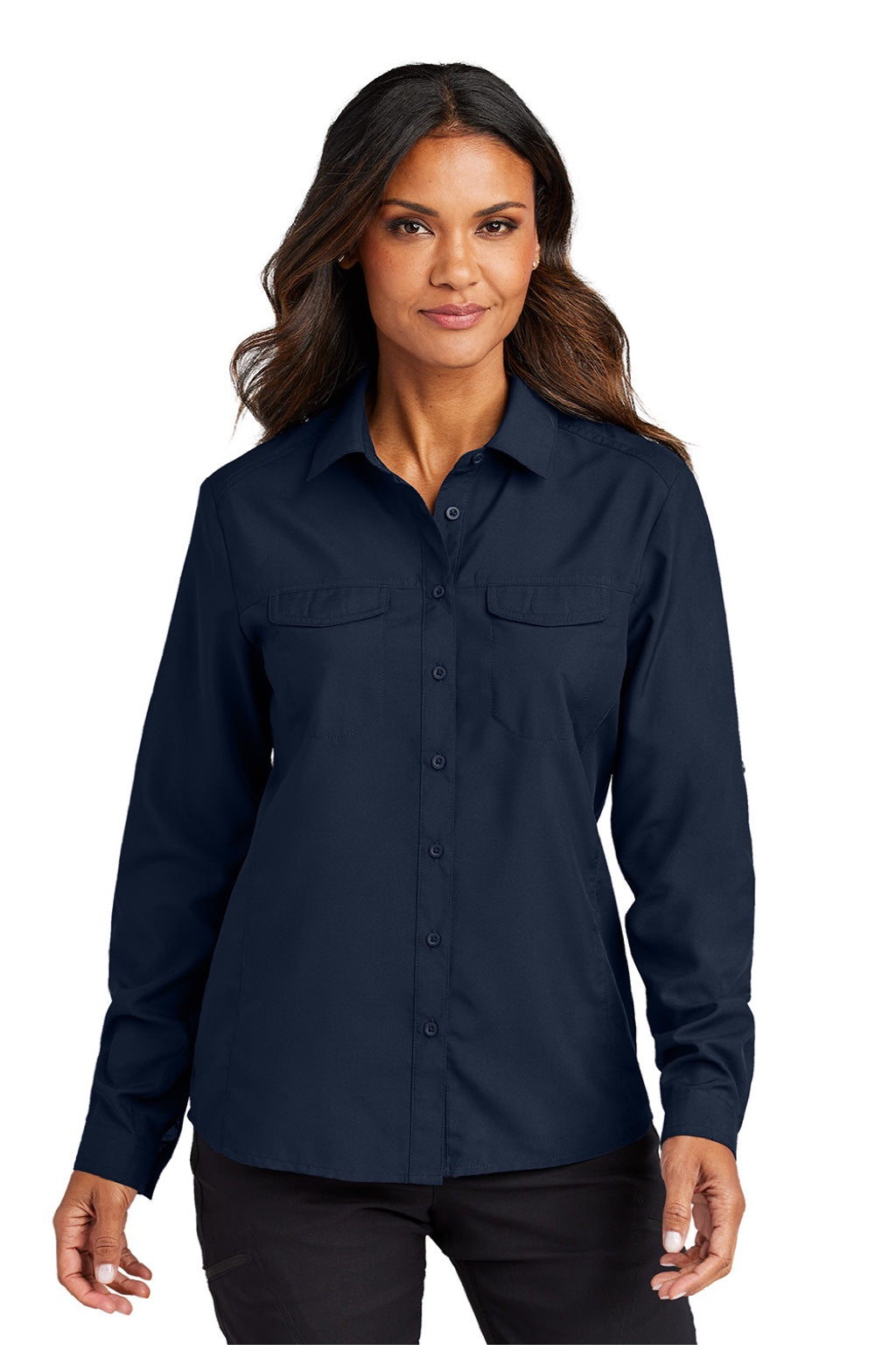 Port Authority LW960 Womens Daybreak Moisture Wicking Long Sleeve Button Down Shirt w/ Pockets True Navy Blue Model Front