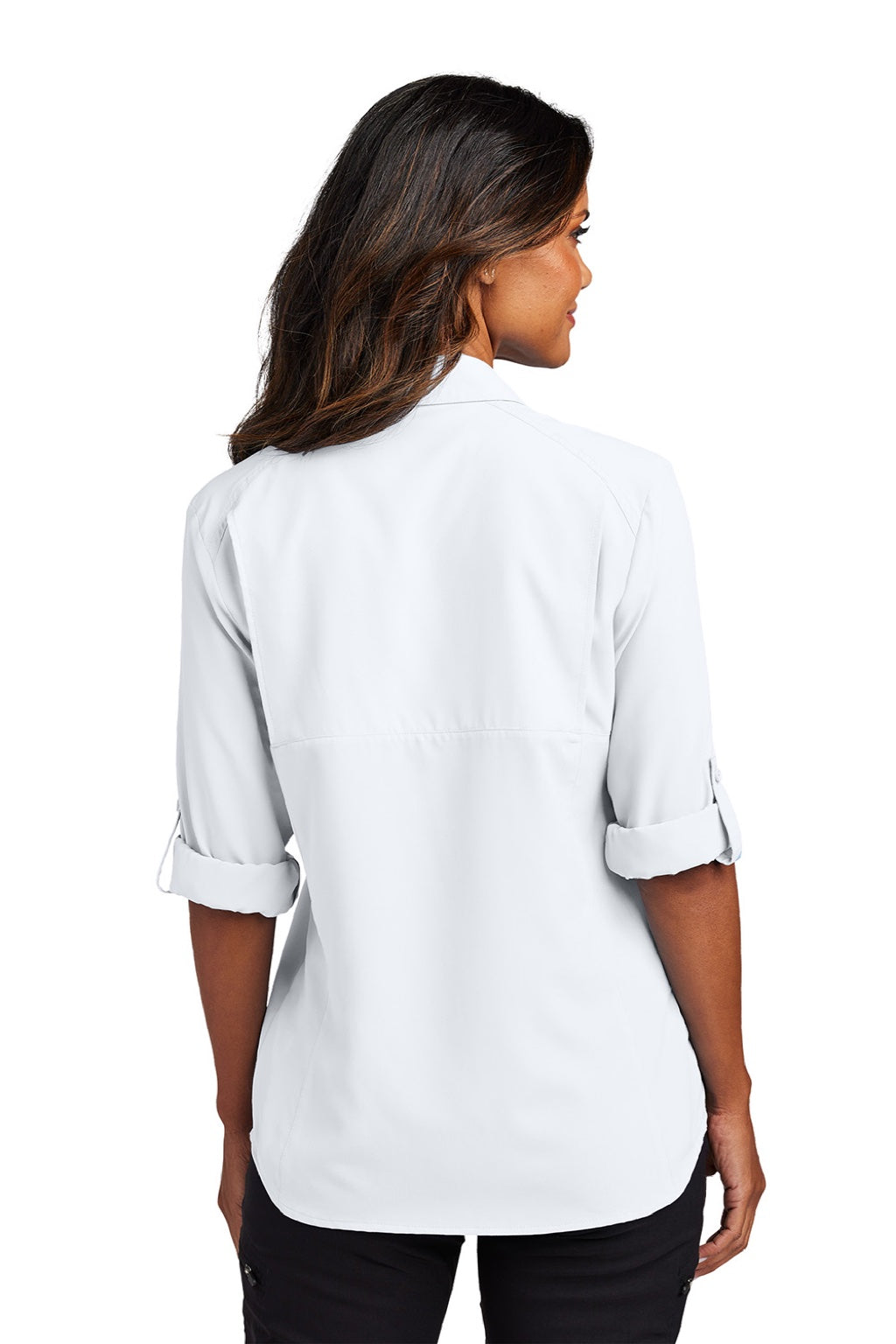 Port Authority LW960 Womens Daybreak Moisture Wicking Long Sleeve Button Down Shirt w/ Pockets White Model Back