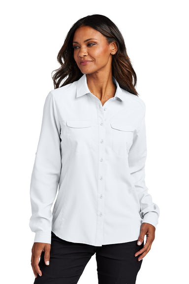 Port Authority LW960 Womens Daybreak Moisture Wicking Long Sleeve Button Down Shirt w/ Pockets White Model Front
