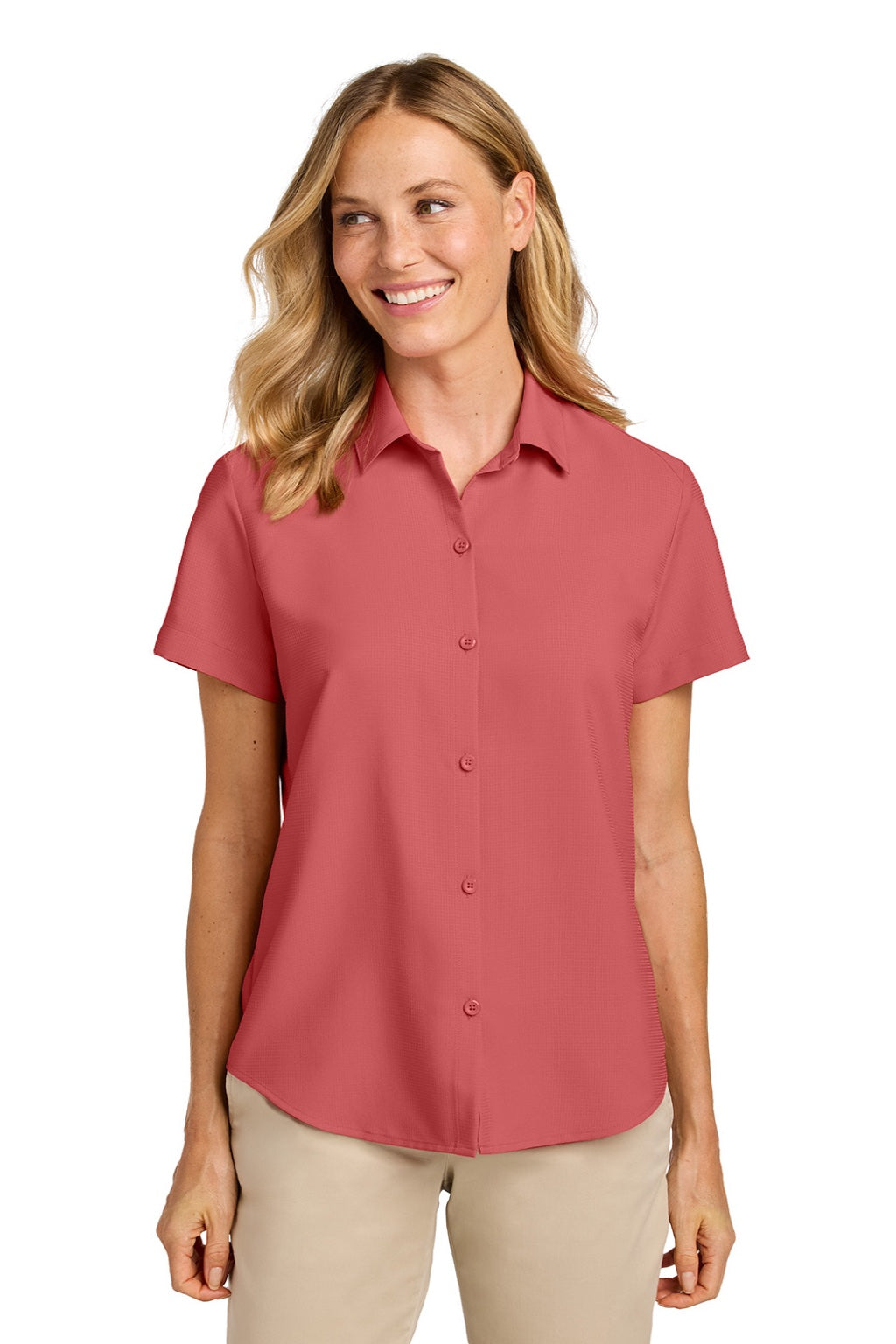 Port Authority LW963 Womens UV Dockside Moisture Wicking Short Sleeve Button Down Shirt Coral Reef Model Front