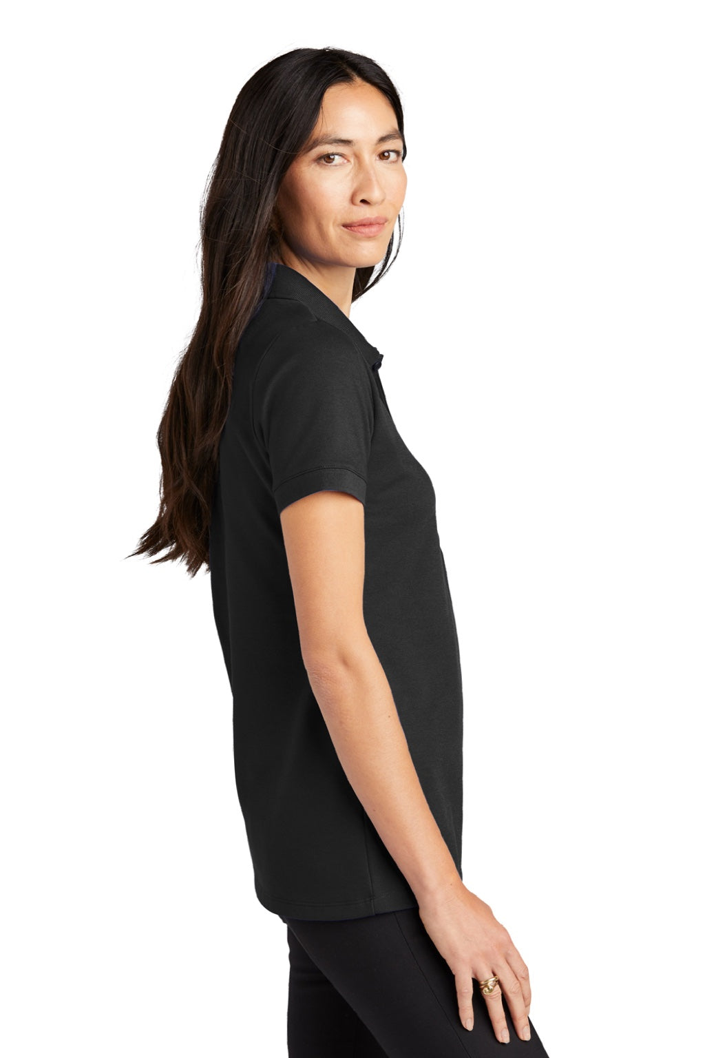 Mercer+Mettle MM1001 Womens Moisture Wicking Short Sleeve Polo Shirt Deep Black Model Side