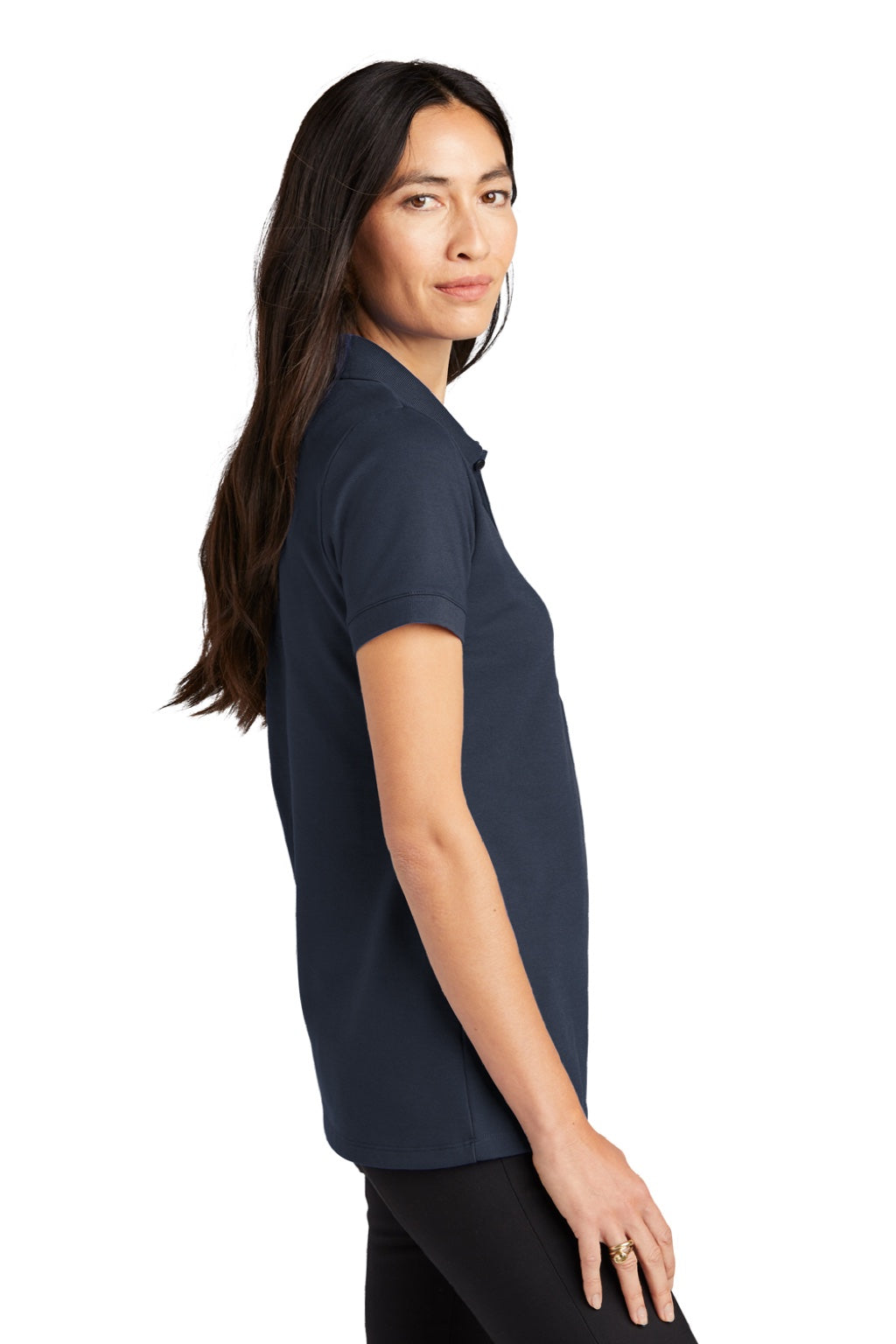 Mercer+Mettle MM1001 Womens Moisture Wicking Short Sleeve Polo Shirt Night Navy Blue Model Side
