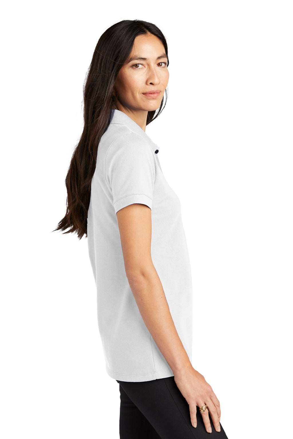 Mercer+Mettle MM1001 Womens Moisture Wicking Short Sleeve Polo Shirt White Model Side
