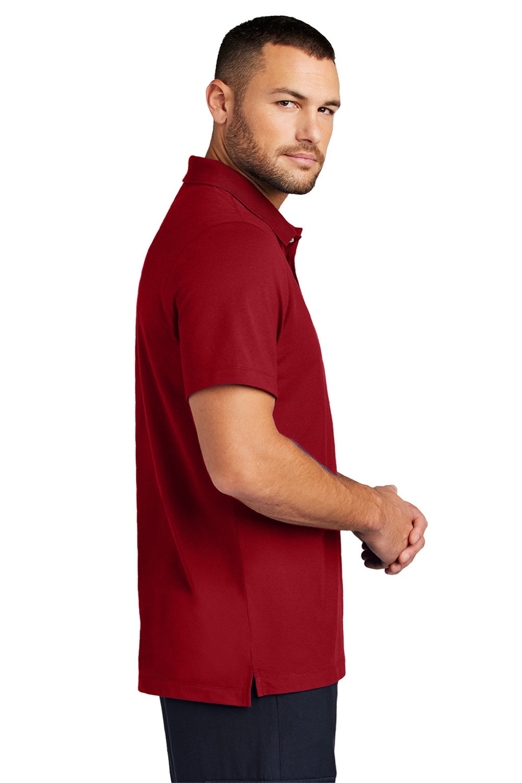 Mercer+Mettle MM1004 Mens Moisture Wicking Short Sleeve Polo Shirt Apple Red Model Side