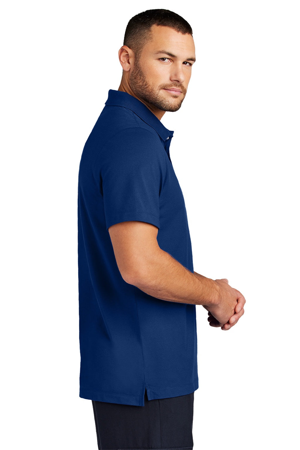 Mercer+Mettle MM1004 Mens Moisture Wicking Short Sleeve Polo Shirt Note Blue Model Side