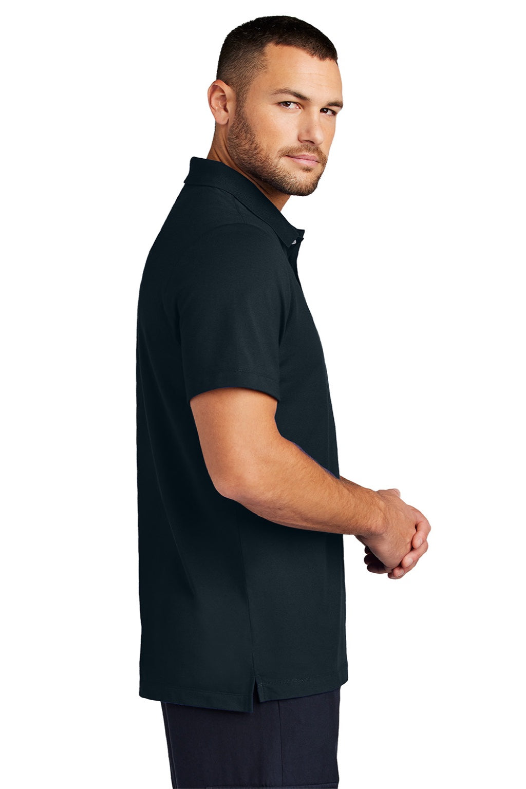 Mercer+Mettle MM1004 Mens Moisture Wicking Short Sleeve Polo Shirt Night Navy Blue Model Side