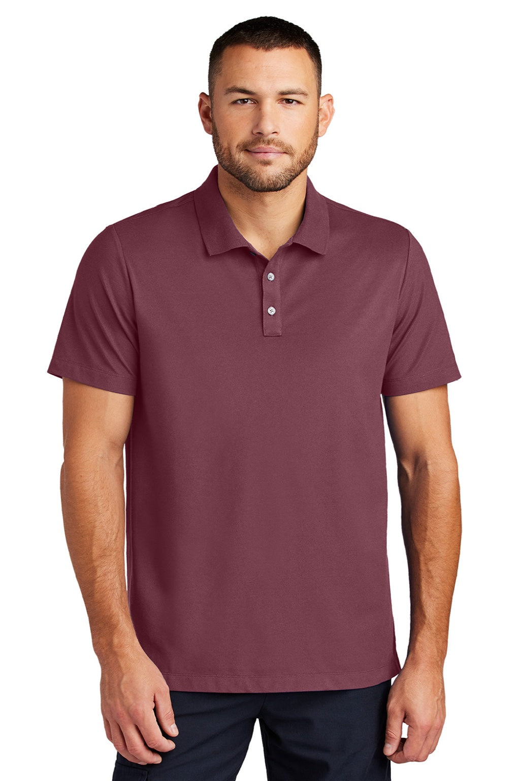 Mercer+Mettle MM1004 Mens Moisture Wicking Short Sleeve Polo Shirt Rosewood Model Front