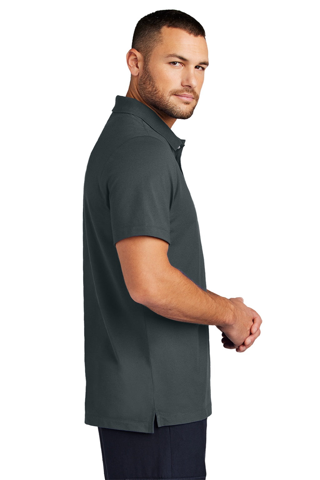Mercer+Mettle MM1004 Mens Moisture Wicking Short Sleeve Polo Shirt Storm Grey Model Side