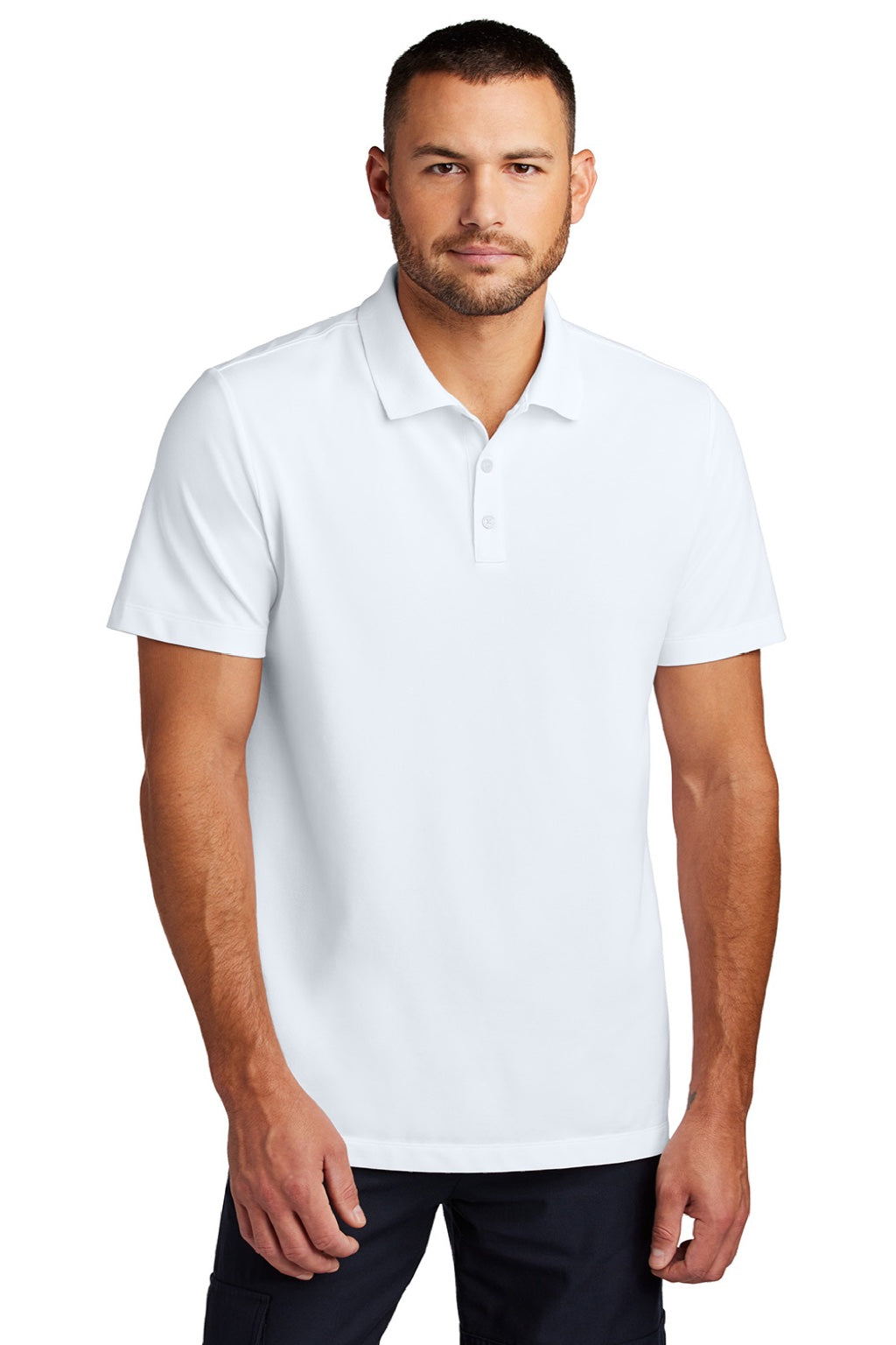 Mercer+Mettle MM1004 Mens Moisture Wicking Short Sleeve Polo Shirt White Model Front